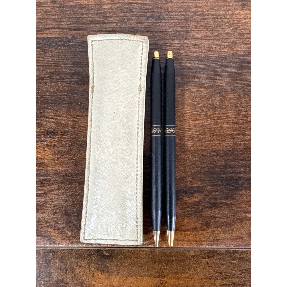 Cross Classic Century Matte Black Gold Laurel Leaf Pen and Pencil Set with Case